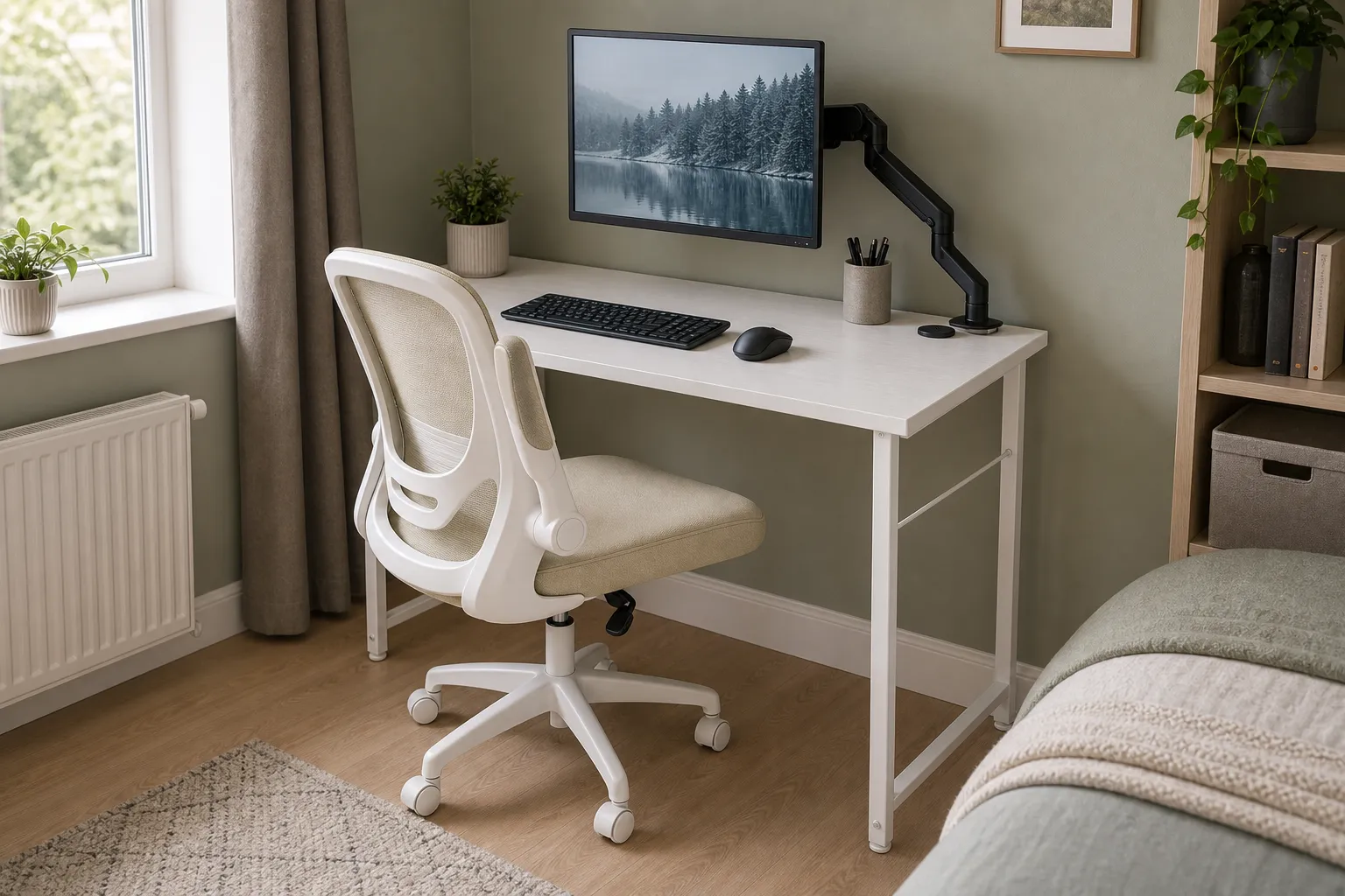 An 80cm desk setup with a compact chair and monitor arm in a small bedroom
