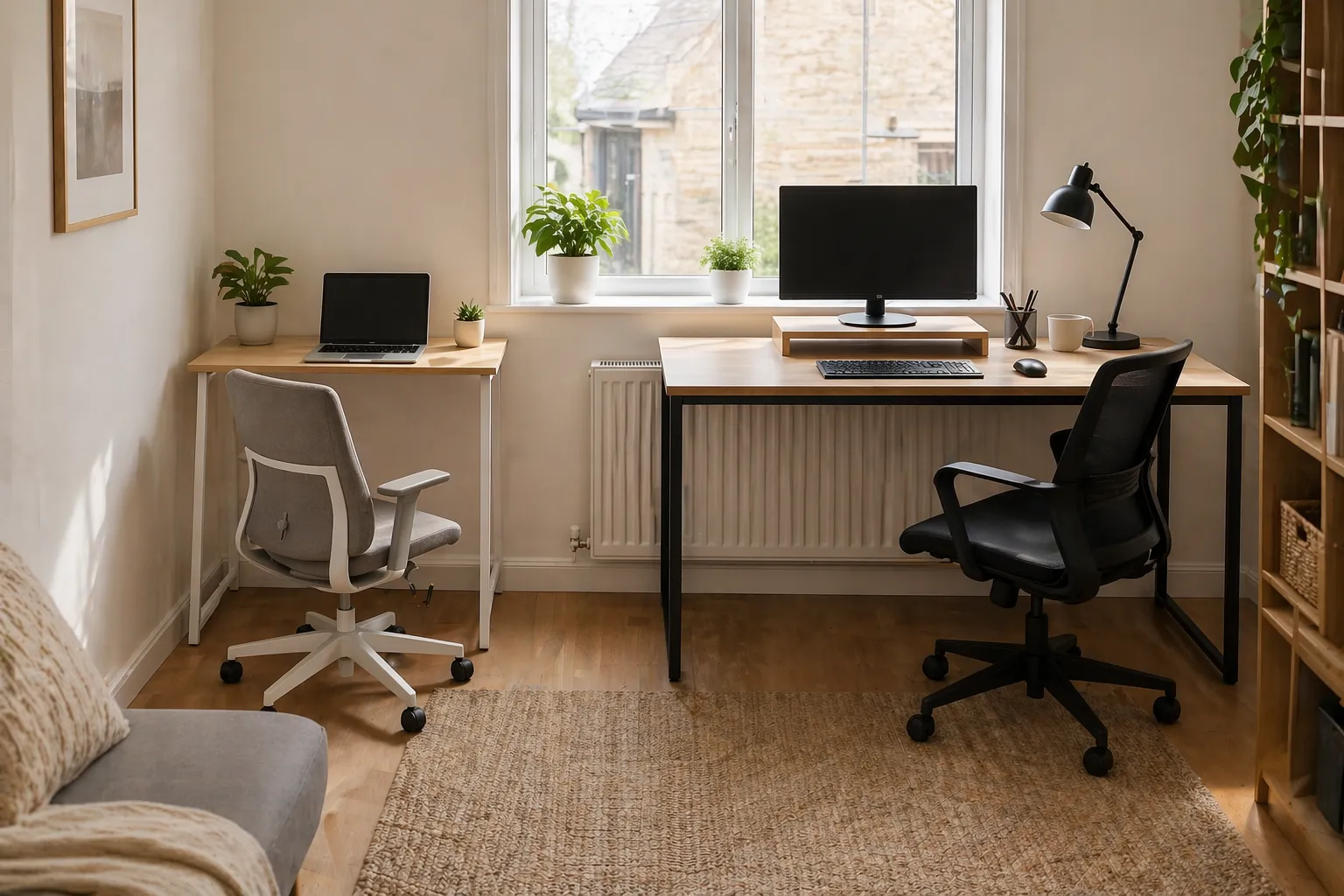 A compact desk setup showing the trade-off between a smaller and slightly wider desk