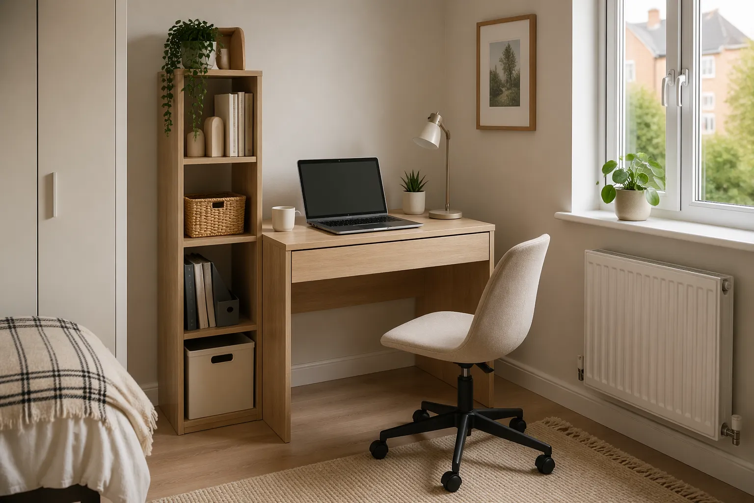 GreenForest desk with shelves in a compact small-room home office setup
