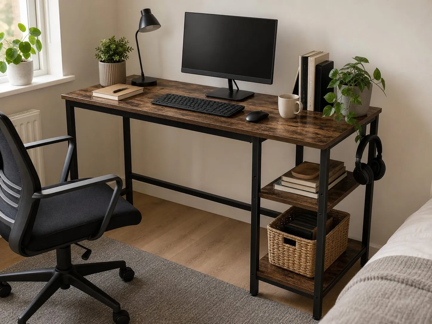 CubiCubi 100 x 48 cm desk with reversible shelves in a compact bedroom workspace