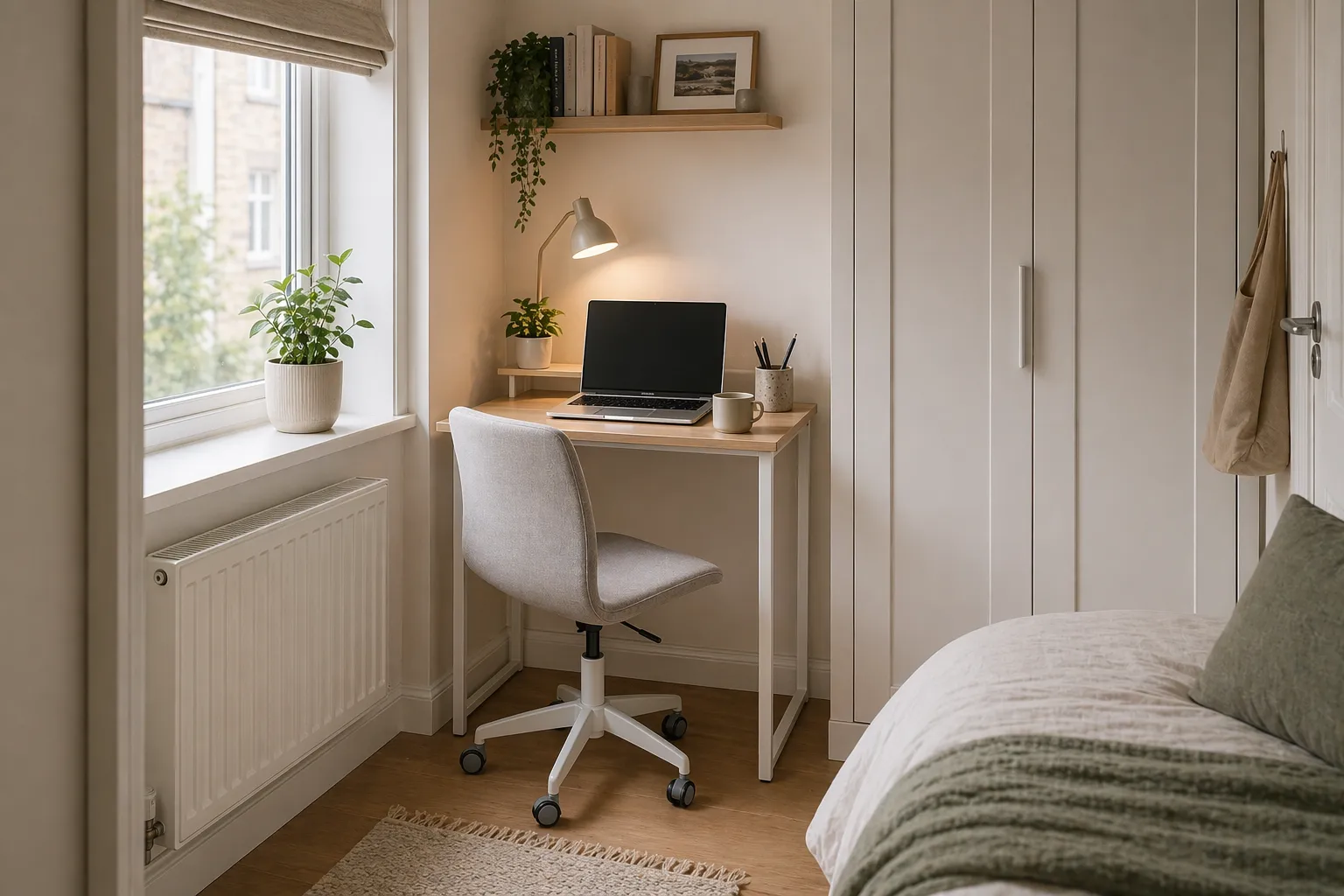 A compact desk setup tucked into a very small UK room