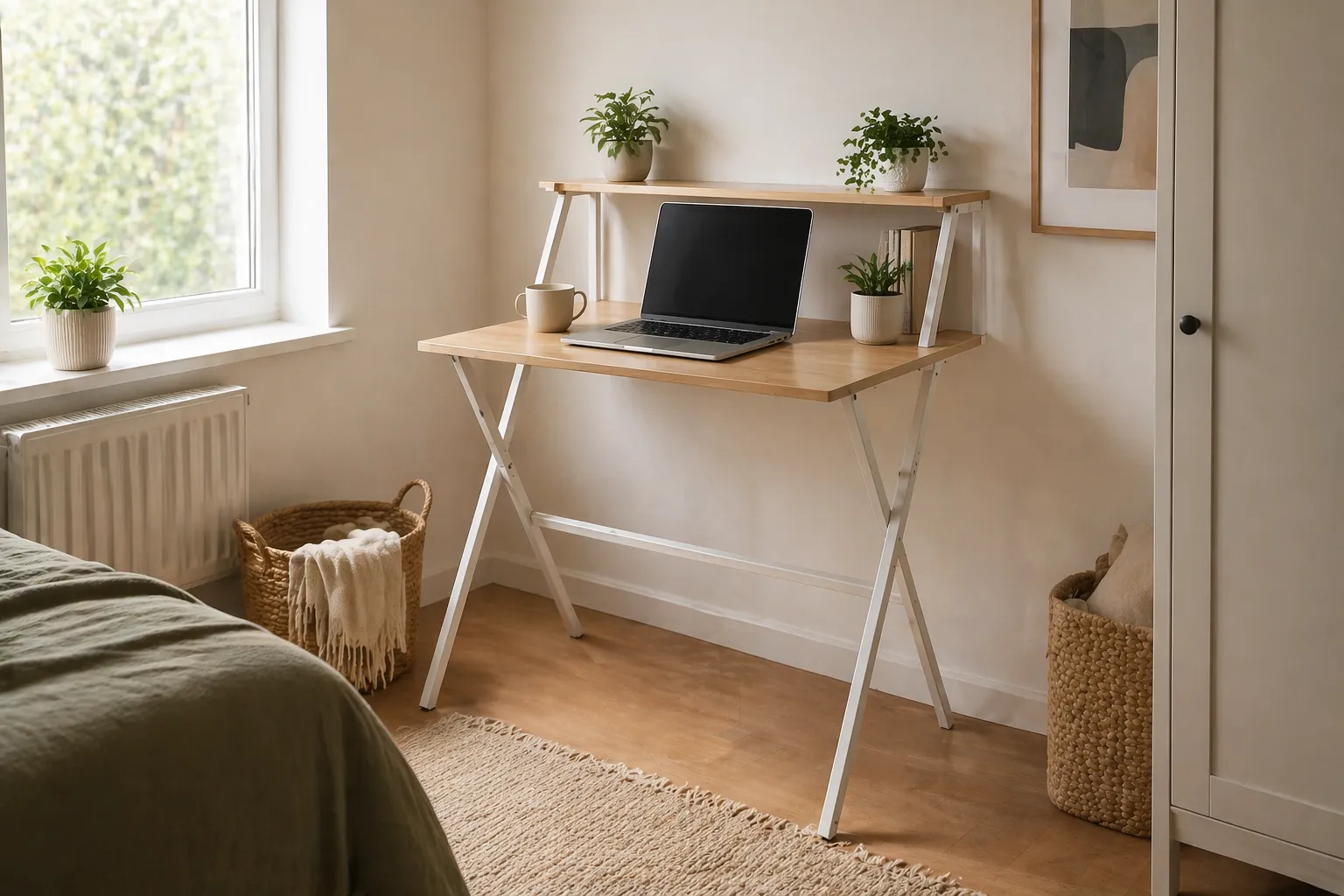 A folding desk set up in a small spare room with limited floor space
