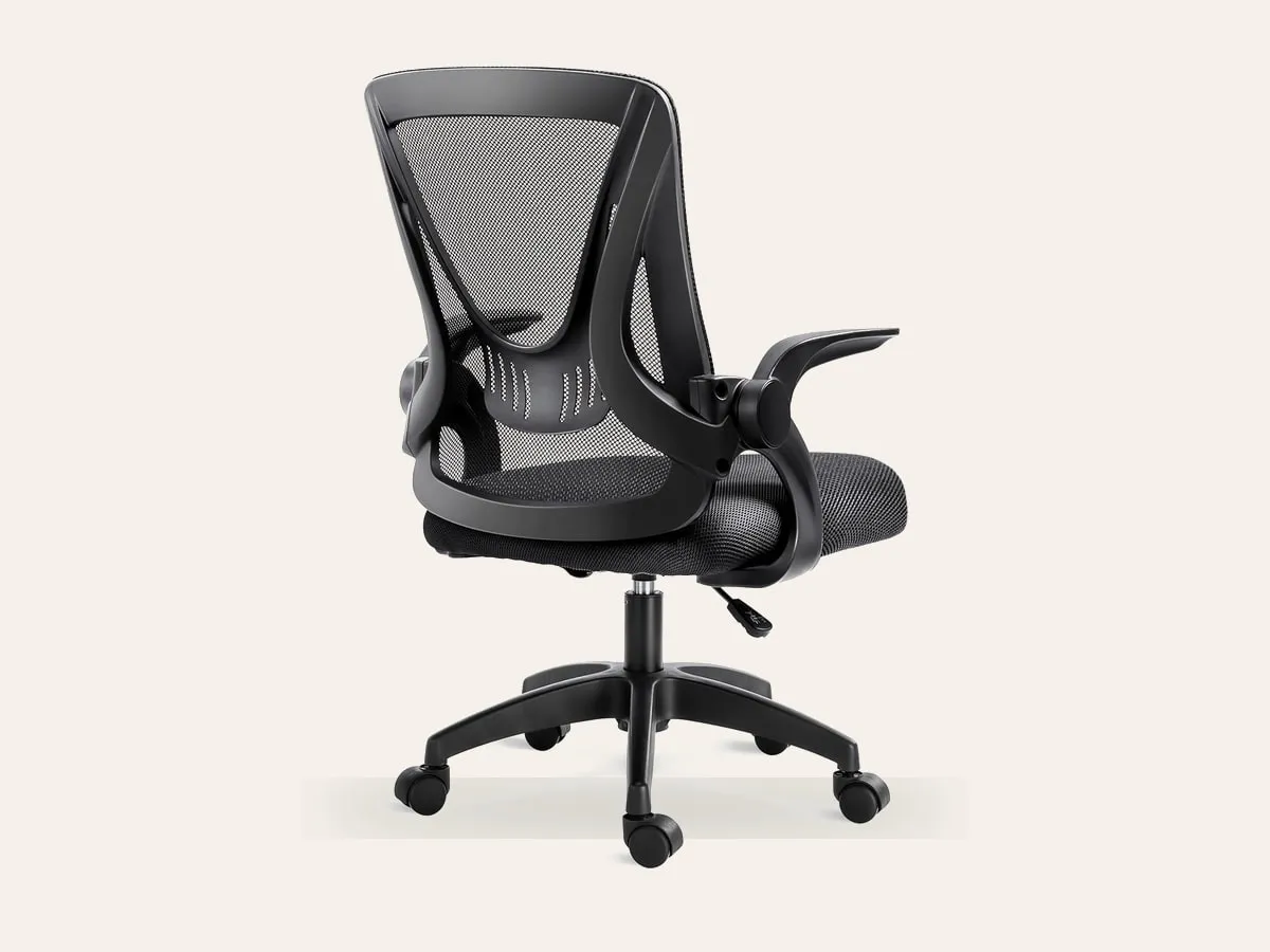 Black mesh office chair with flip-up armrests