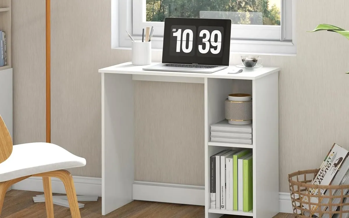 CASART compact white computer desk with built-in side shelves in a bright bedroom workspace