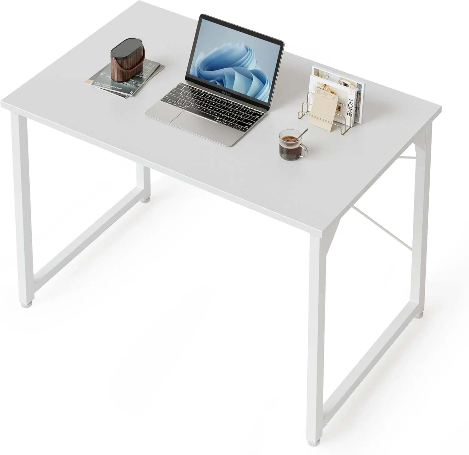 White CubiCubi computer desk with a rectangular top, metal frame and adjustable feet
