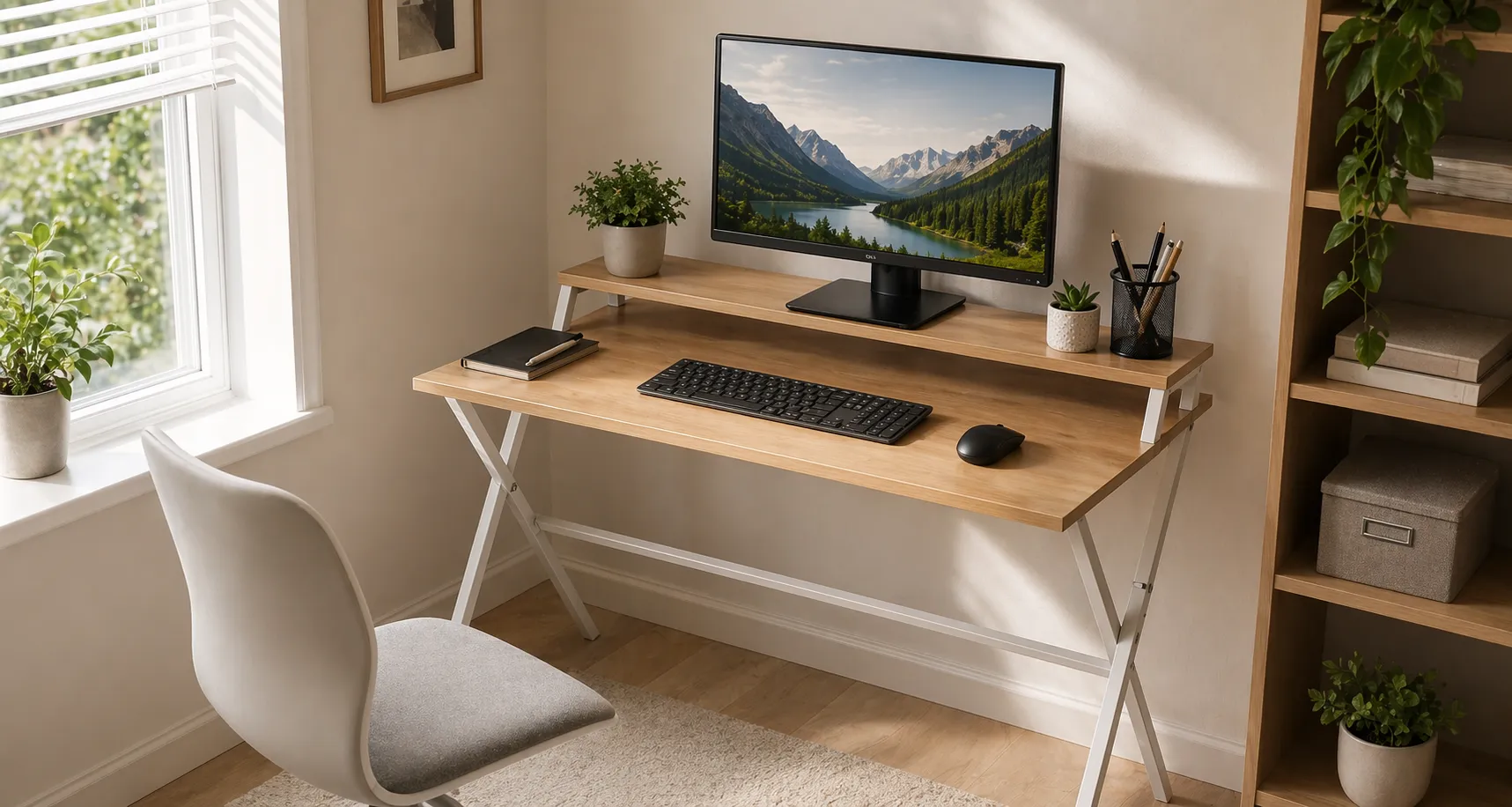 A 24-inch monitor on a compact desk with enough keyboard space in front