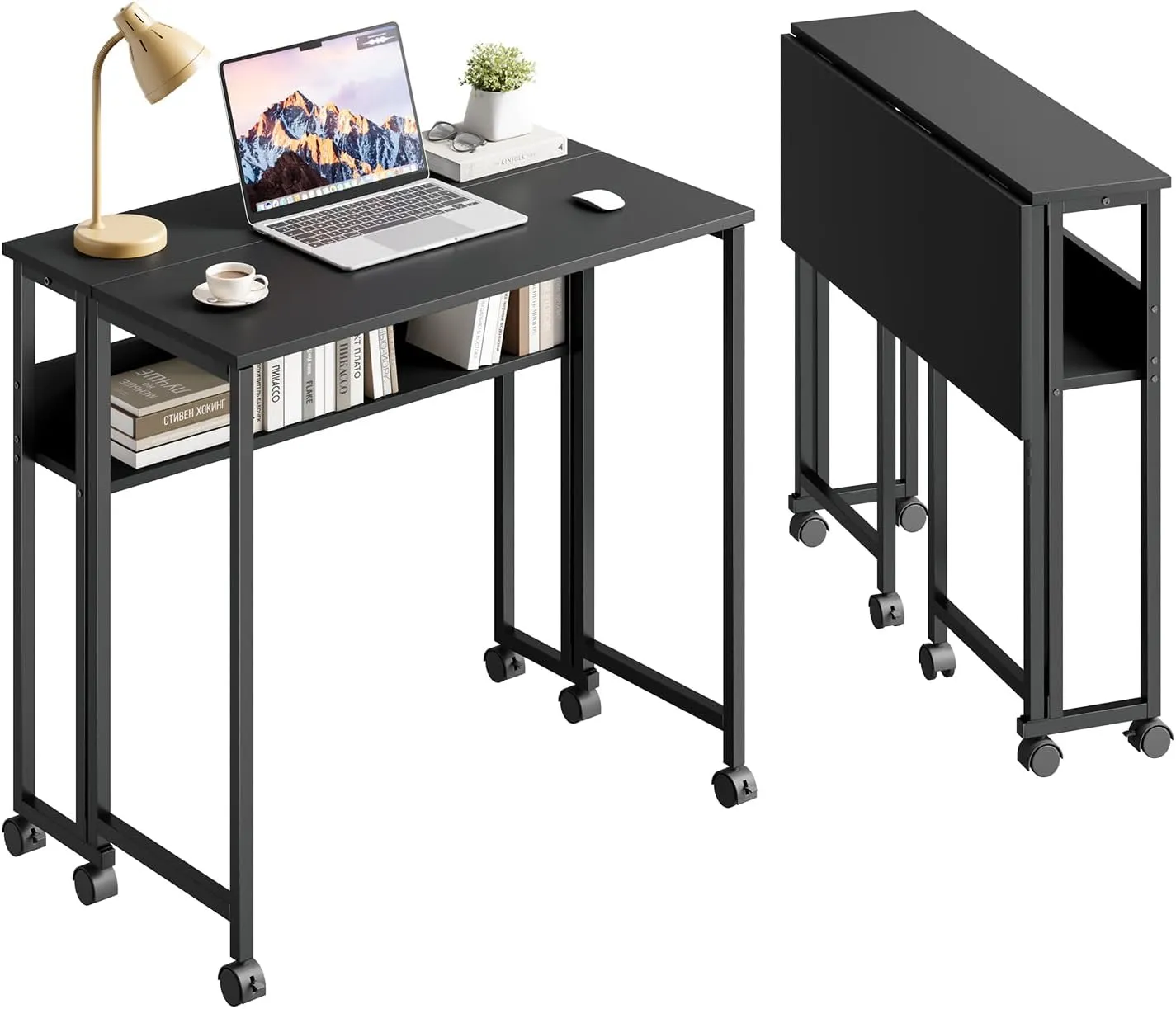 Black Dripex desk shown open and folded, with a lower storage shelf and six castors