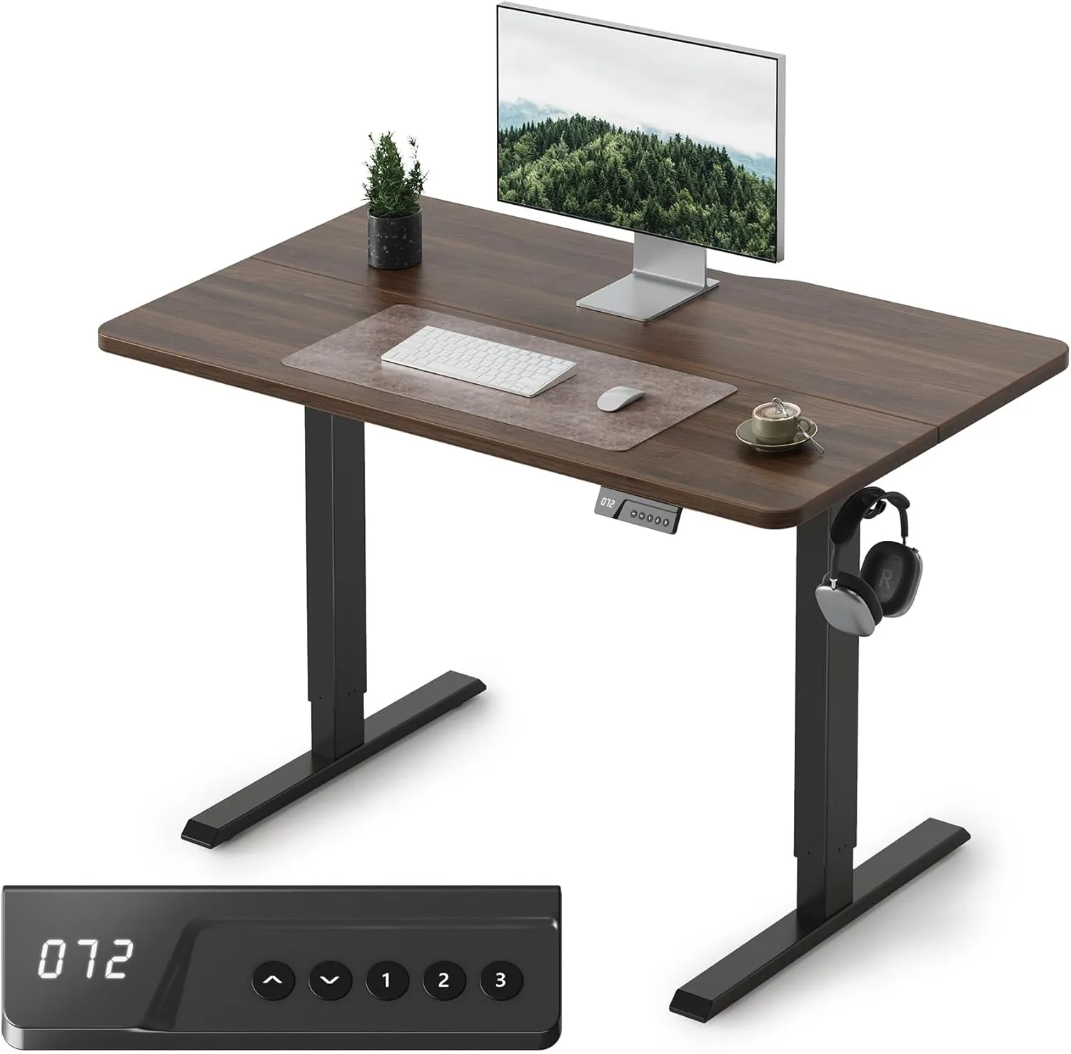 FEZIBO electric standing desk in a compact home office with a light wood top and slim black frame