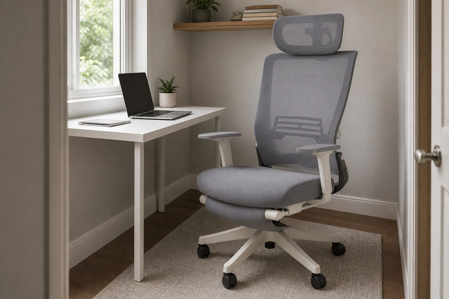 Grey FlexiSpot Foldex ergonomic office chair with headrest and footrest