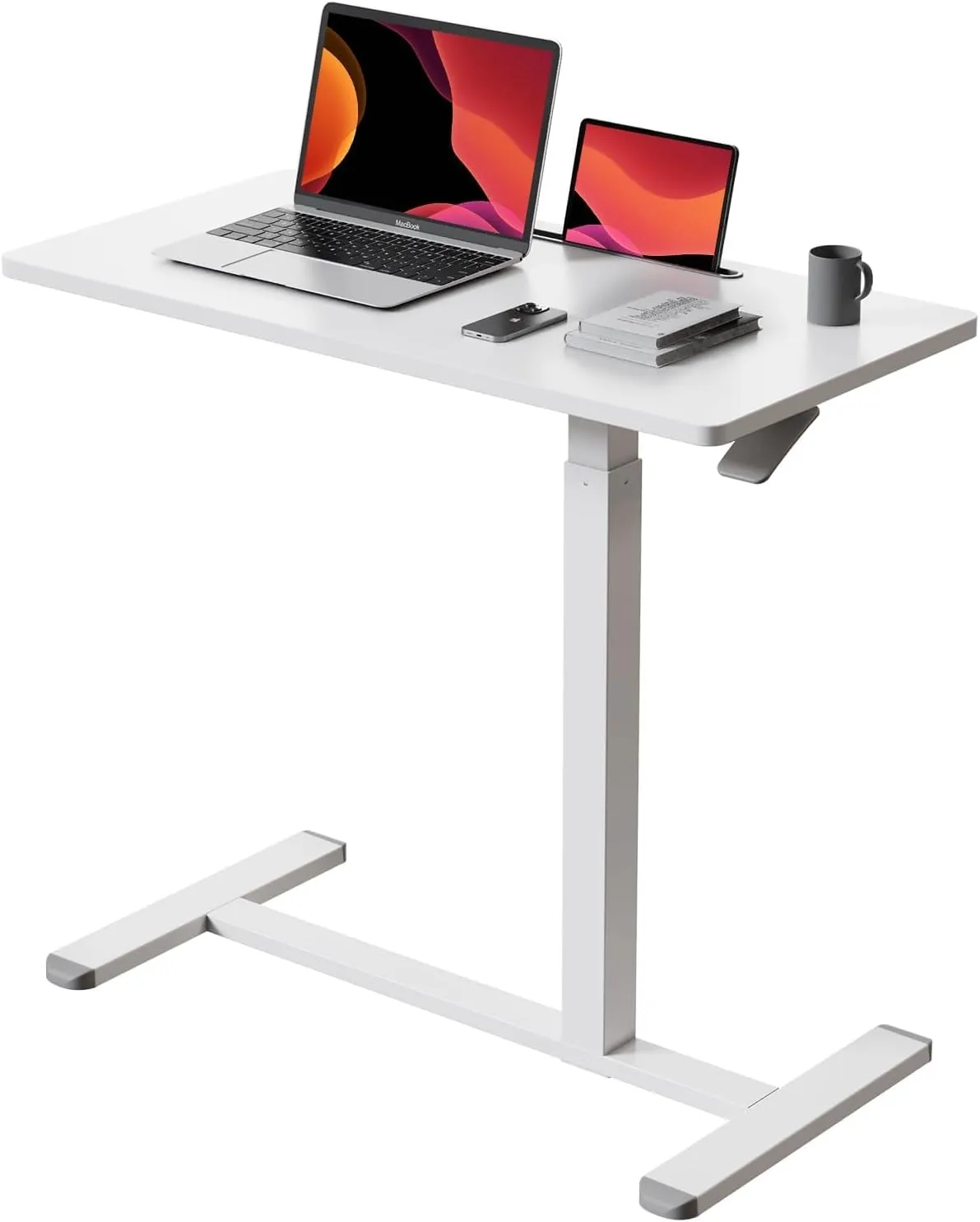 White Gibbon Mounts mobile standing desk with an 80 x 40cm top holding a laptop and tablet on a single column and H-shaped base