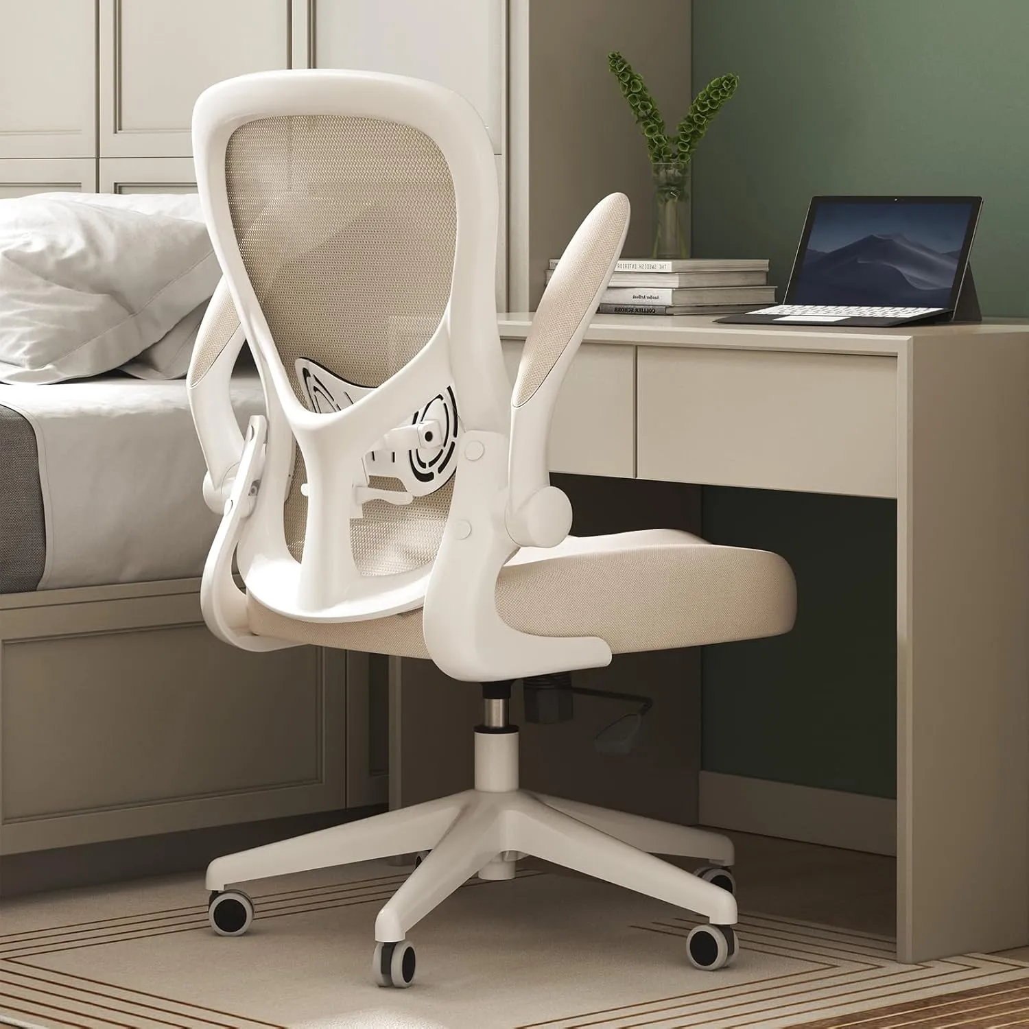 Hbada ergonomic desk chair in grey with flip-up armrests at a compact desk