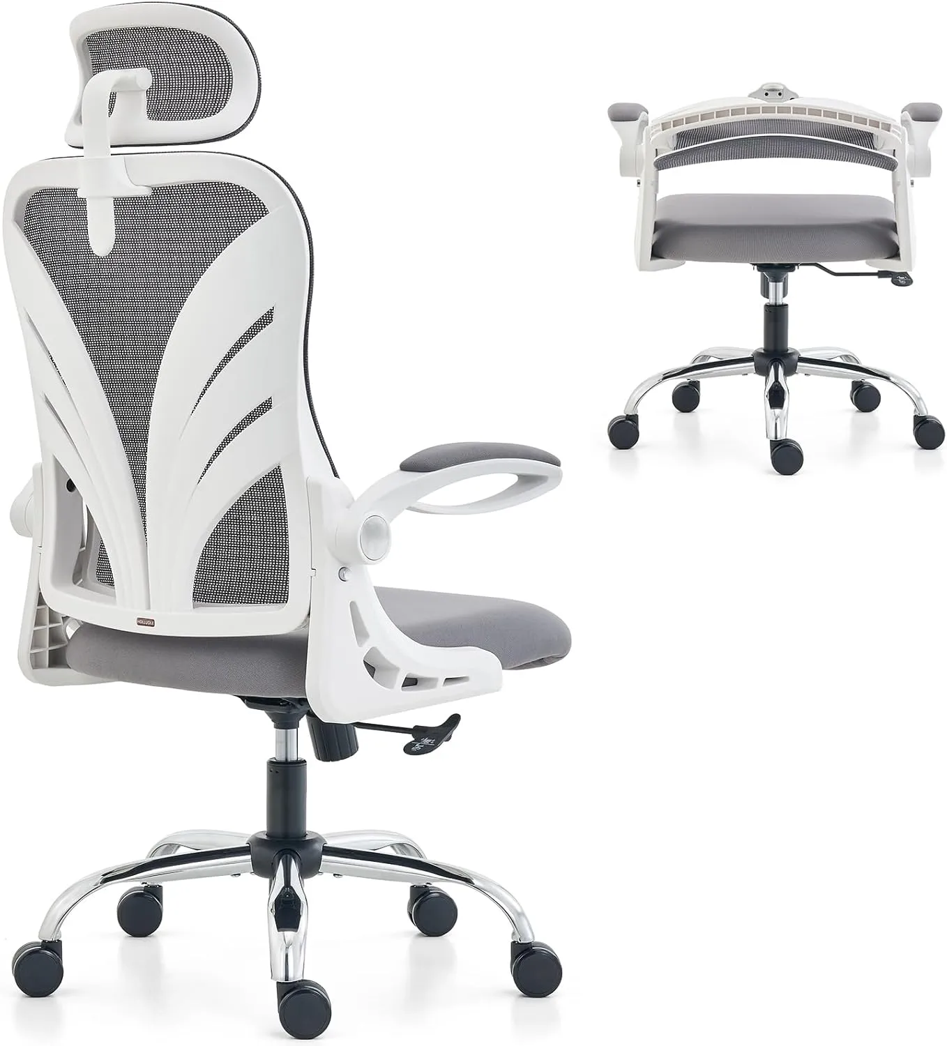 White-framed HOLLUDLE mesh office chair with grey seat, shown upright and with its backrest folded