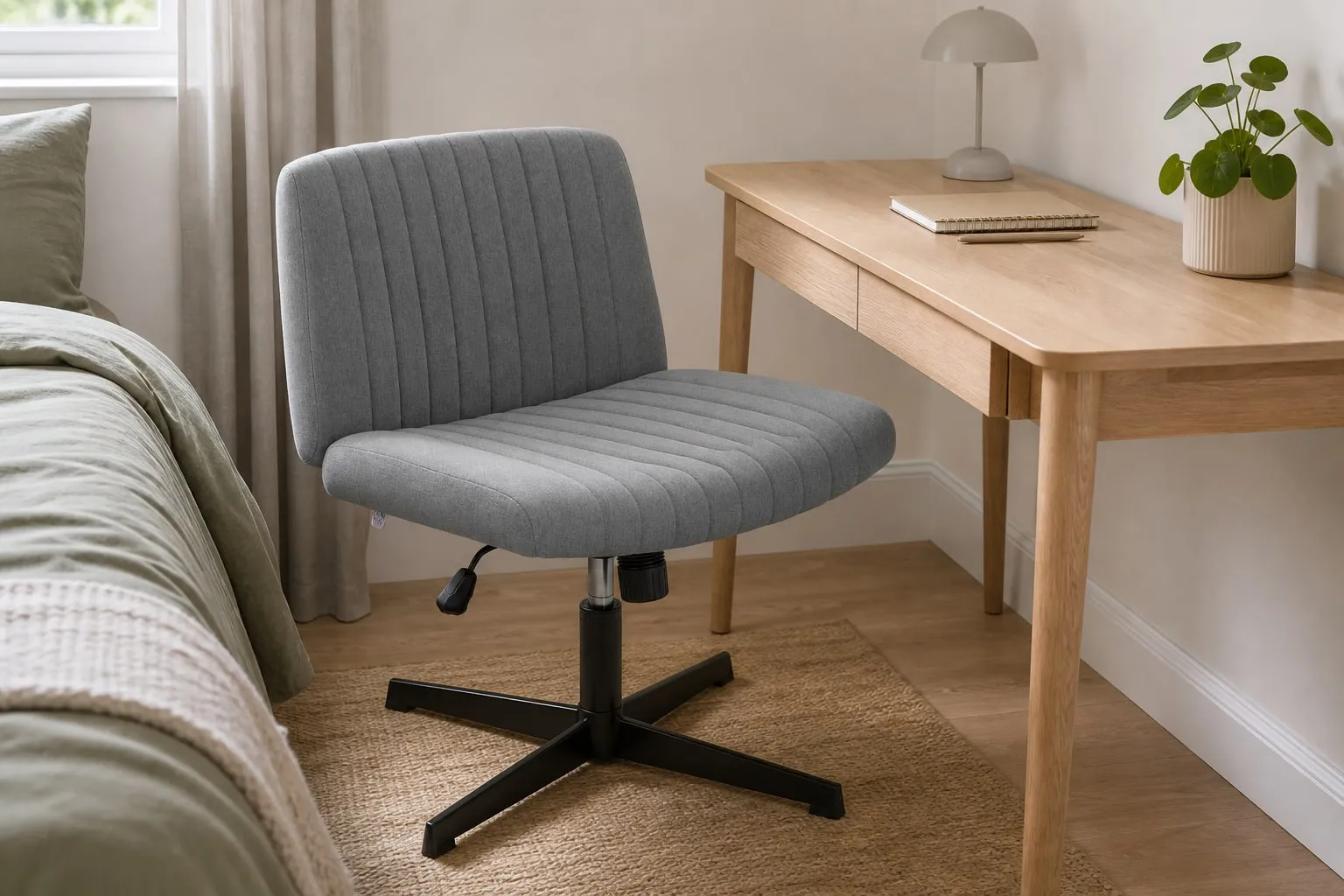 Grey armless cross-legged chair beside a light wood bedroom desk