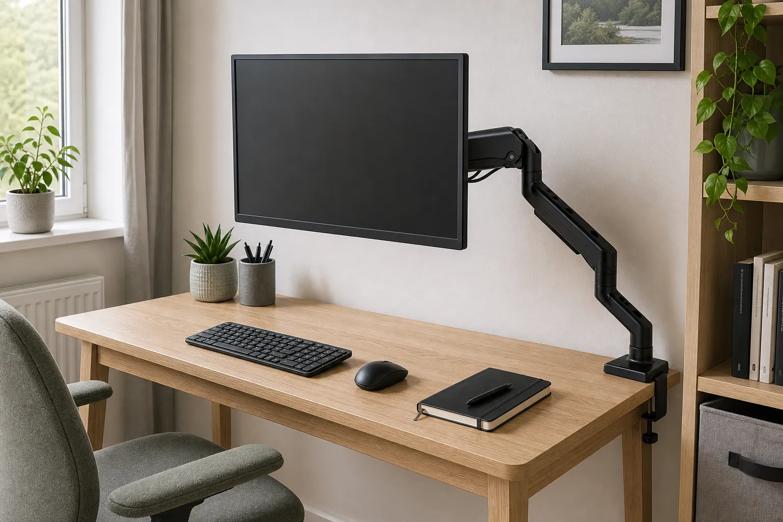 HUANUO HNSS6 black monitor arm clamped to a compact wooden desk