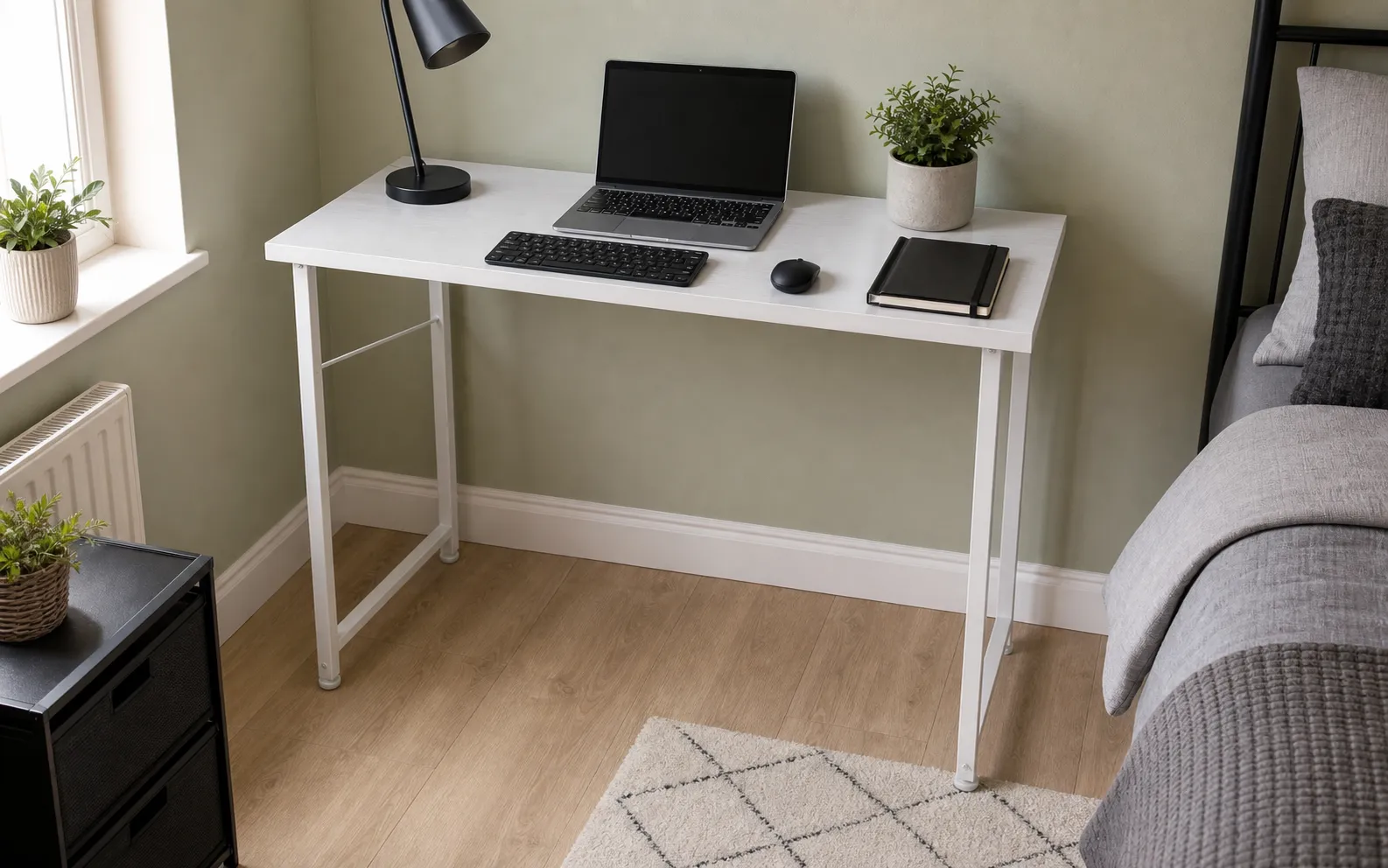 ODK 80 x 40cm white desk set up in a small bedroom workspace