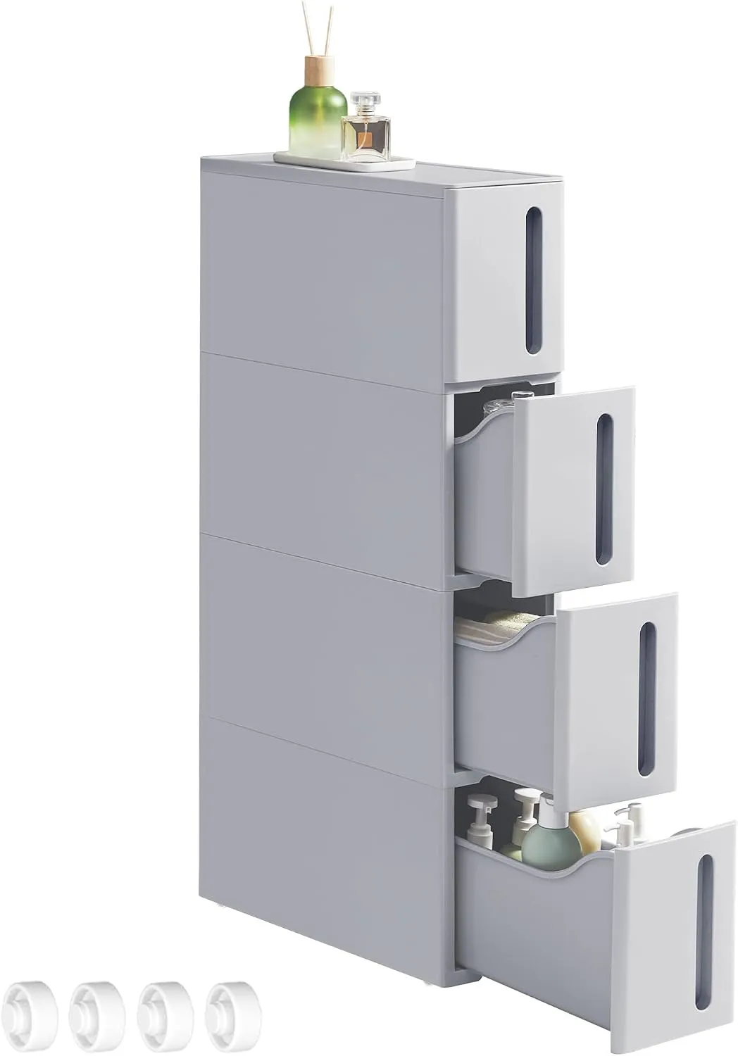 Grey SONGMICS narrow four-drawer storage tower with three drawers pulled out and the clip-on castors shown alongside