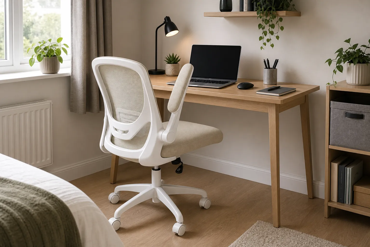 SONGMICS OBN037K03 oatmeal beige mesh office chair in a compact bedroom workspace