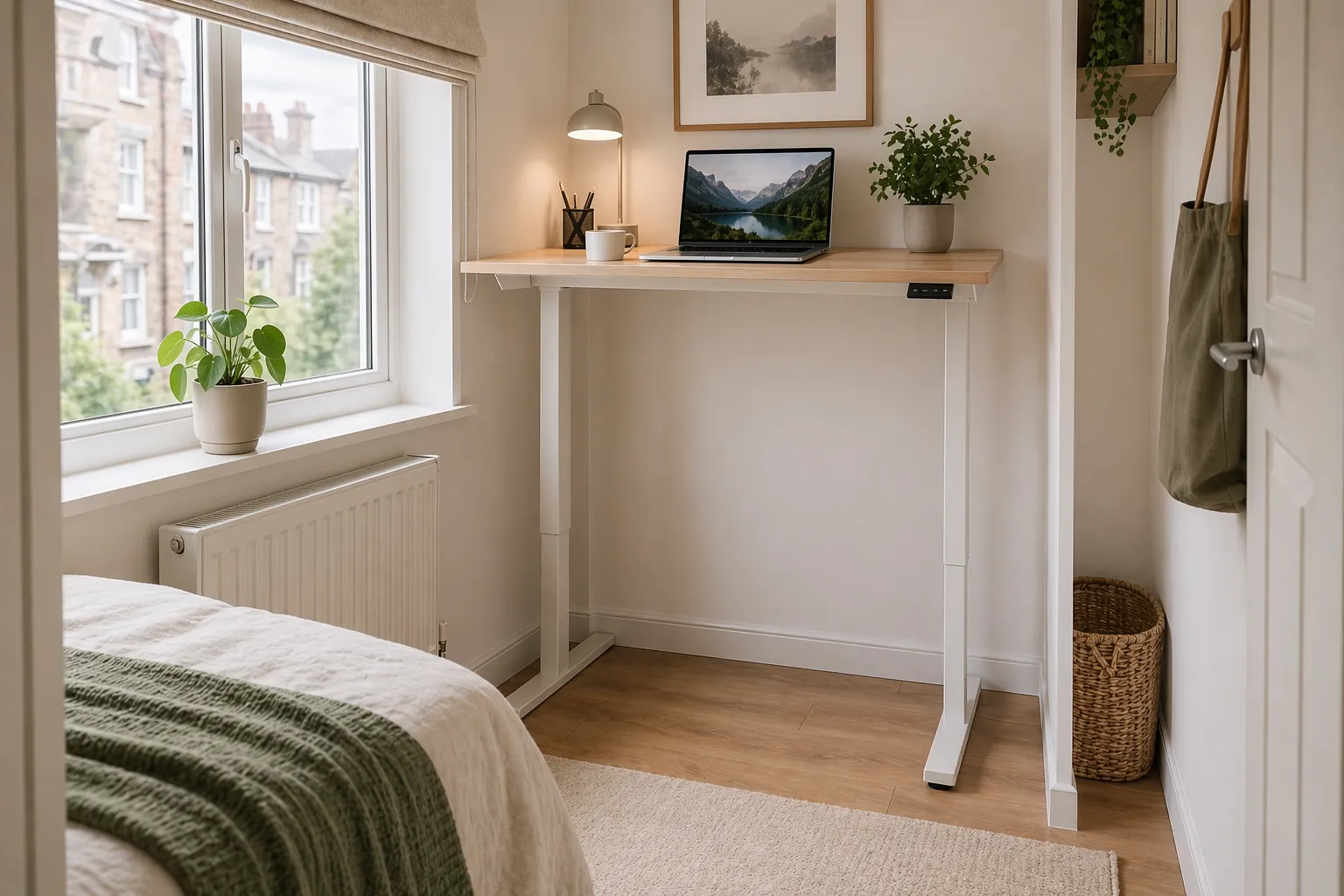 A standing desk fitted against the short wall of a small UK bedroom with a bed and wardrobe visible