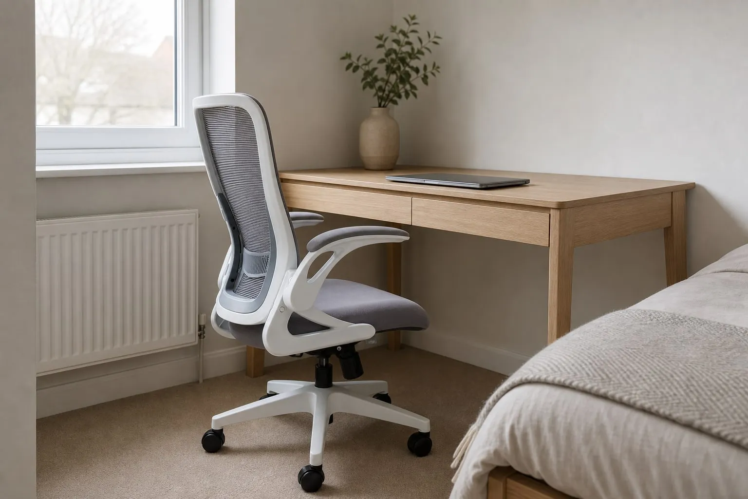 White and grey folding office chair in a compact bedroom workspace