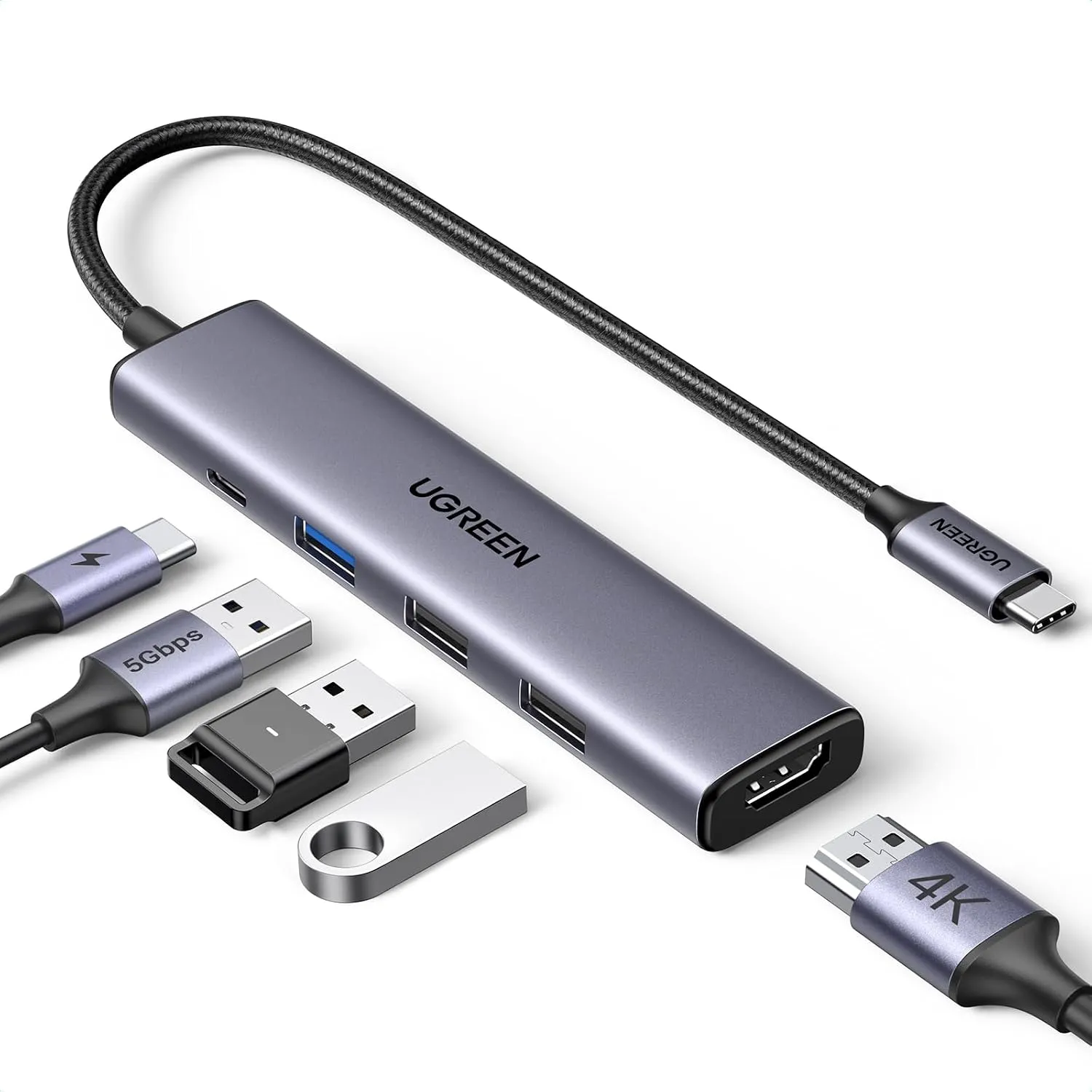 Grey UGREEN five-port USB-C hub showing HDMI, three USB-A ports and a USB-C power input