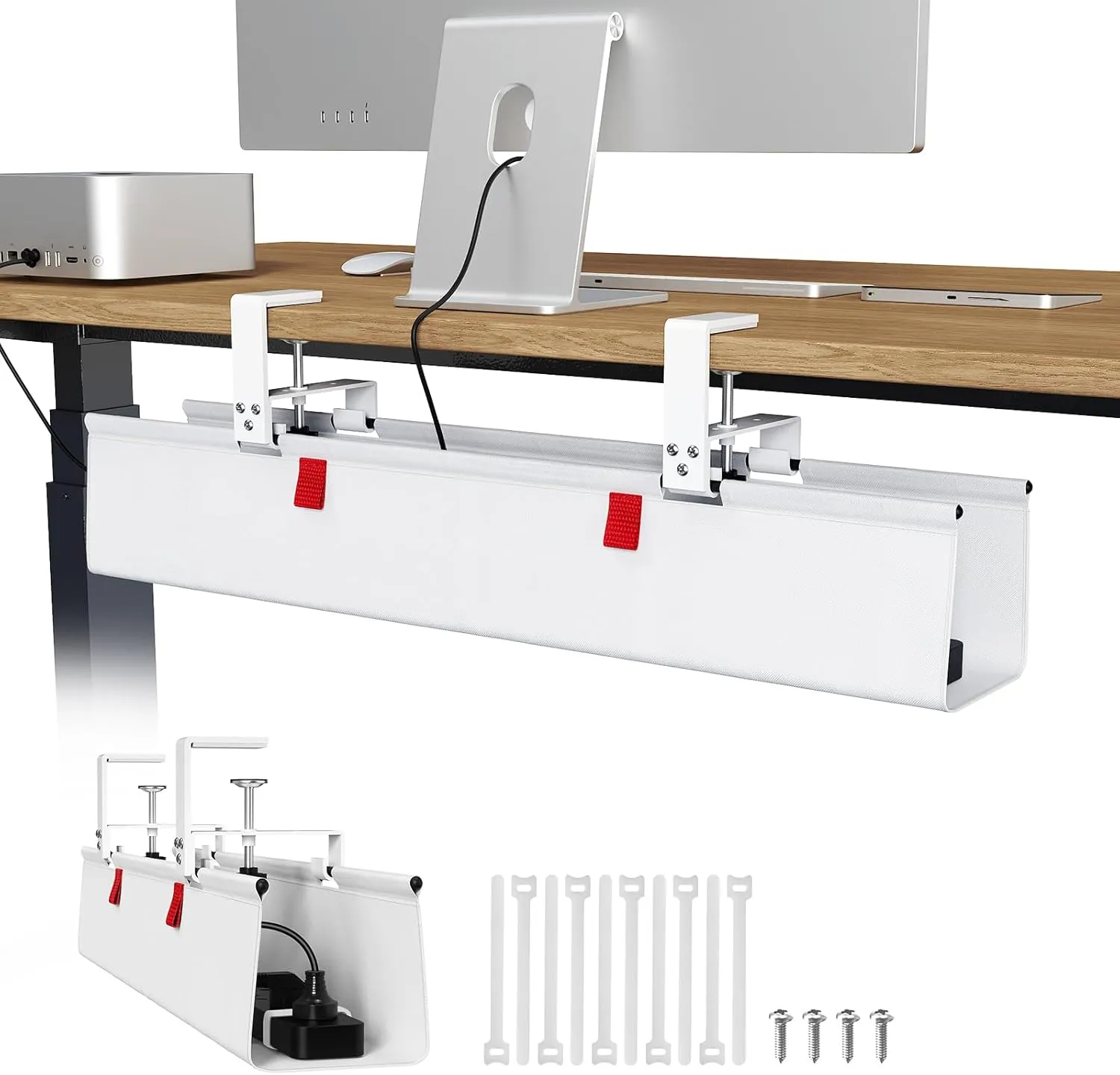 Univivi fabric under-desk cable management tray clamped to a desk with a power strip and cables tucked inside