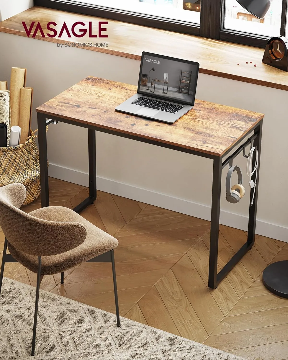 VASAGLE LWD045 industrial computer desk in rustic brown with black metal frame, shown in a small bedroom