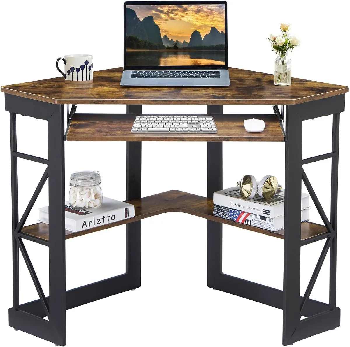 VECELO triangular corner desk in rustic brown with black steel end frames, a pull-out keyboard tray and a low L-shaped shelf