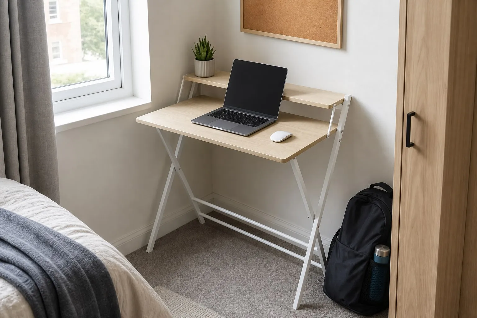 Compact 80cm foldable desk with a laptop in a small bedroom corner